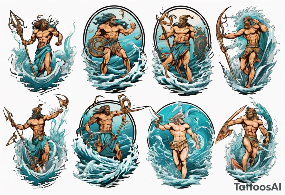 Ancient Greek gods of the sea fighting with surfer and trident tattoo idea