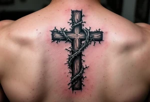 A detailed inverted cross with thorny vines wrapping around it, darkened with black ink and deep purple shadows, symbolizing struggle and resilience. tattoo idea