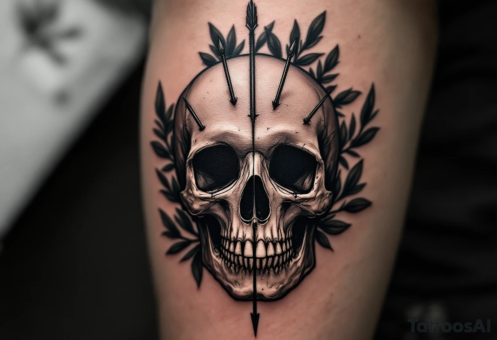 a skull whose head would be pierced by needles under the head go a long an  arrow and surrounded by a olive tree leaf around tattoo idea