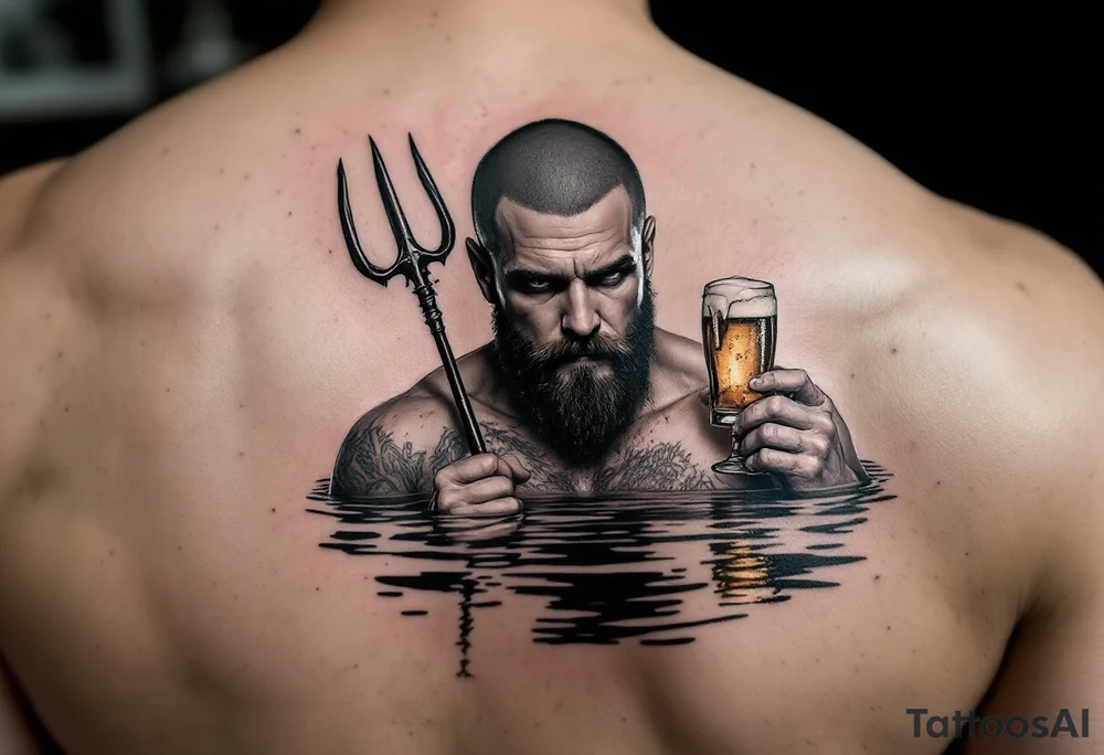 Drunk guy with no facial hair with trident half way in calm water with a beer tattoo idea