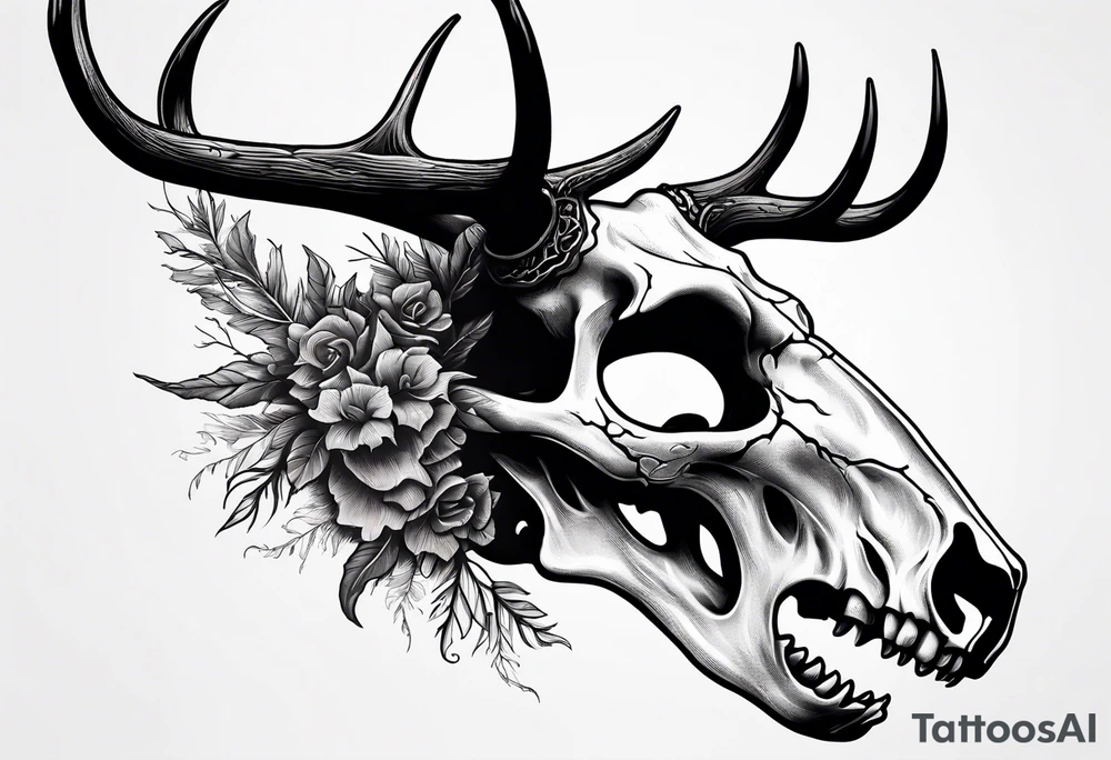 scary side view of a DECAYING deer skull JUST BONE surrounded by a forest fire in background tattoo idea
