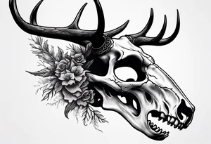 scary side view of a DECAYING deer skull JUST BONE surrounded by a forest fire in background tattoo idea