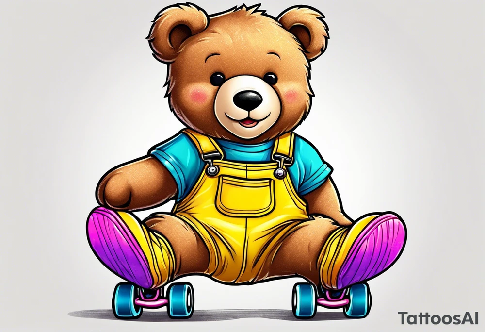 A light brown teddy bear in yellow overalls, rollerskating in rainbow colored skates tattoo idea