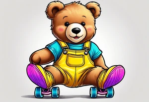 A light brown teddy bear in yellow overalls, rollerskating in rainbow colored skates tattoo idea