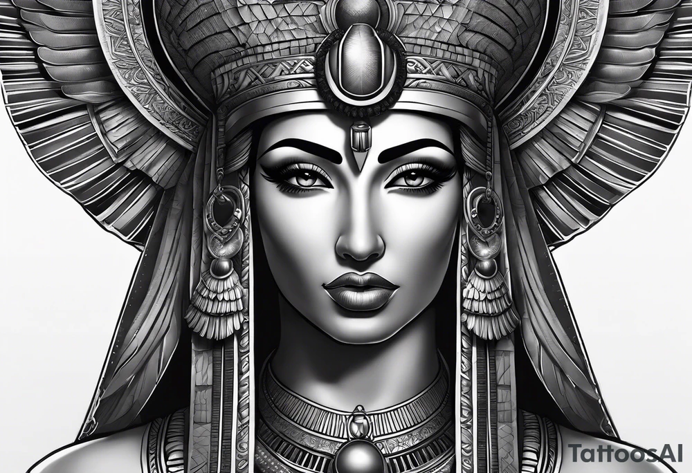black and gray photo realistic goddess isis with minimal detail tattoo idea