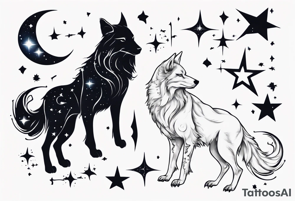 astrological sign for Pisces and Taurus constellation in night sky.  Lupus or wolf constellation looking also incorporated into design tattoo idea
