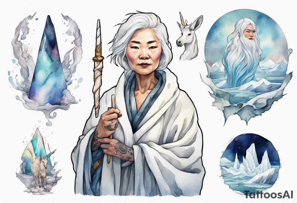 a 40 year old Inuit woman with white hair and a white robe holding a wand made from a unicorn horn, standing on an iceberg tattoo idea