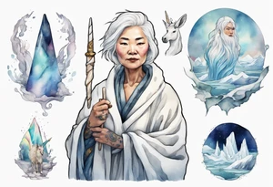 a 40 year old Inuit woman with white hair and a white robe holding a wand made from a unicorn horn, standing on an iceberg tattoo idea