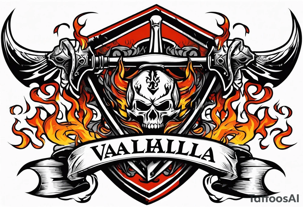 valhalla on fire battle 
sword shield axe tattoo idea