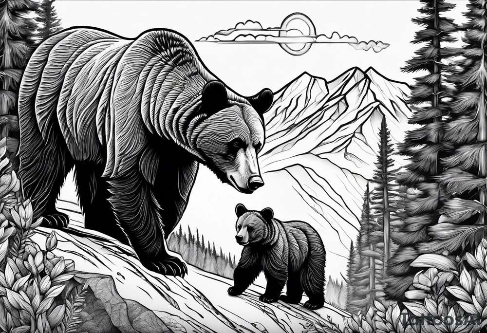 mamma bear and cub with mountains tattoo idea