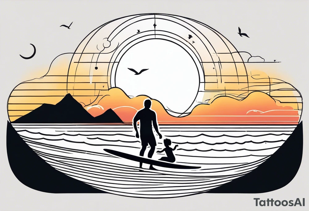 Black and white Line work tattoo depicting a father surfing with his two daughters.  The sunset and horizon have musical notes. tattoo idea