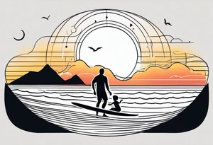 Black and white Line work tattoo depicting a father surfing with his two daughters.  The sunset and horizon have musical notes. tattoo idea