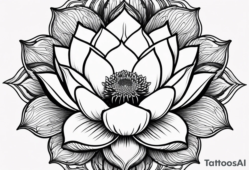 a masculine line drawing of a lotus flower with a yin yang in the flower tattoo idea