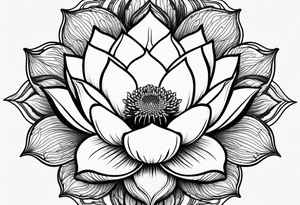 a masculine line drawing of a lotus flower with a yin yang in the flower tattoo idea