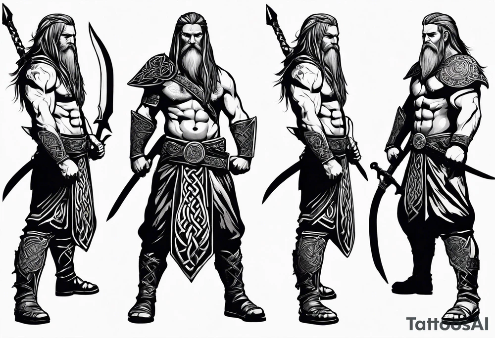 Full body side profile of Celtic warrior with weapons drawn tattoo idea