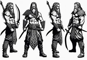Full body side profile of Celtic warrior with weapons drawn tattoo idea
