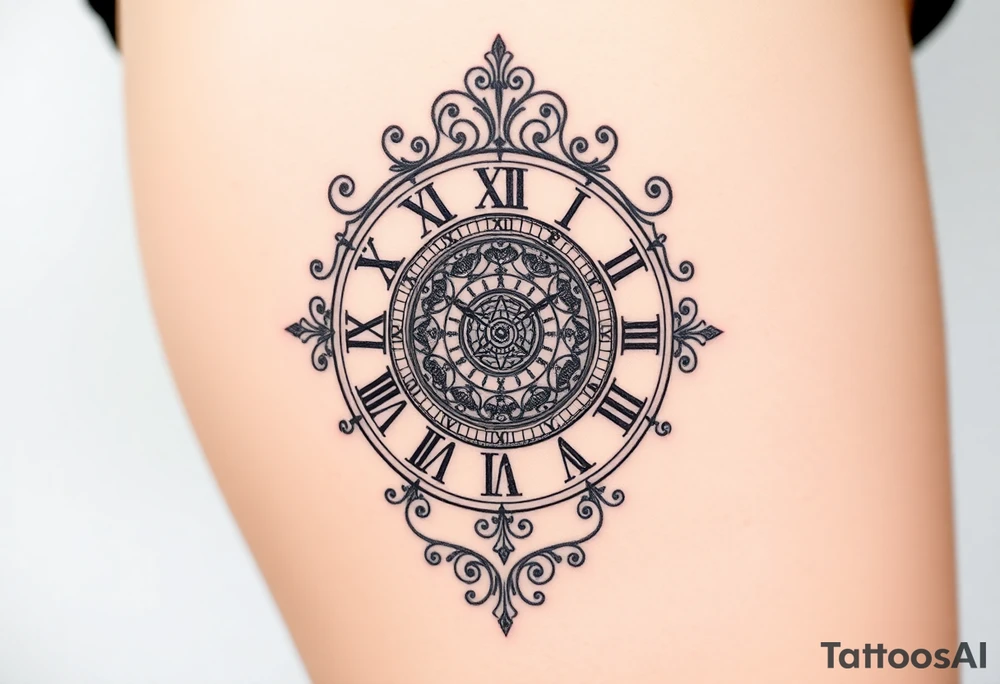vintage roman numerals within ornate clockwork mechanism tattoo idea