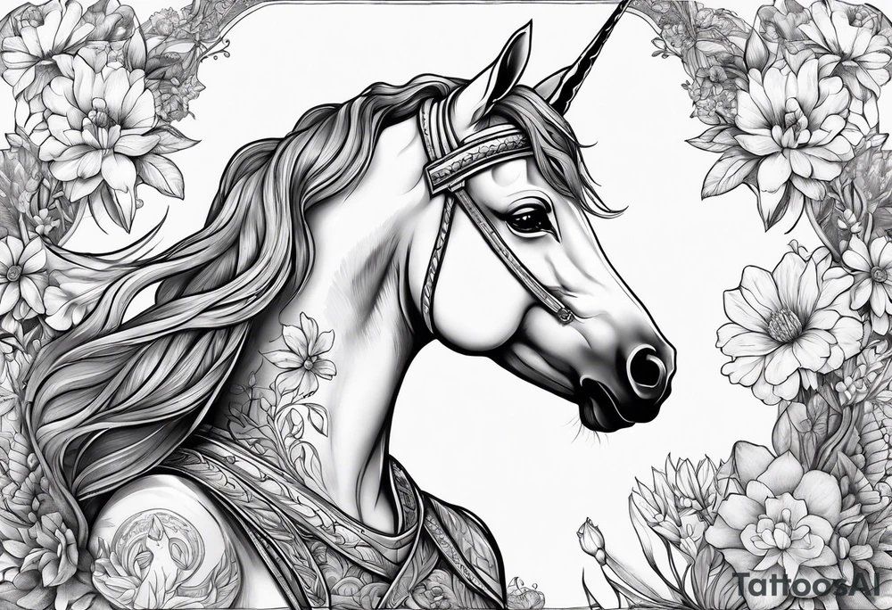 Warrior princess Valkarie with unicorn and wildflowers half sleeve tattoo idea