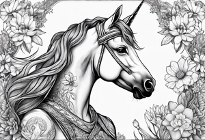 Warrior princess Valkarie with unicorn and wildflowers half sleeve tattoo idea