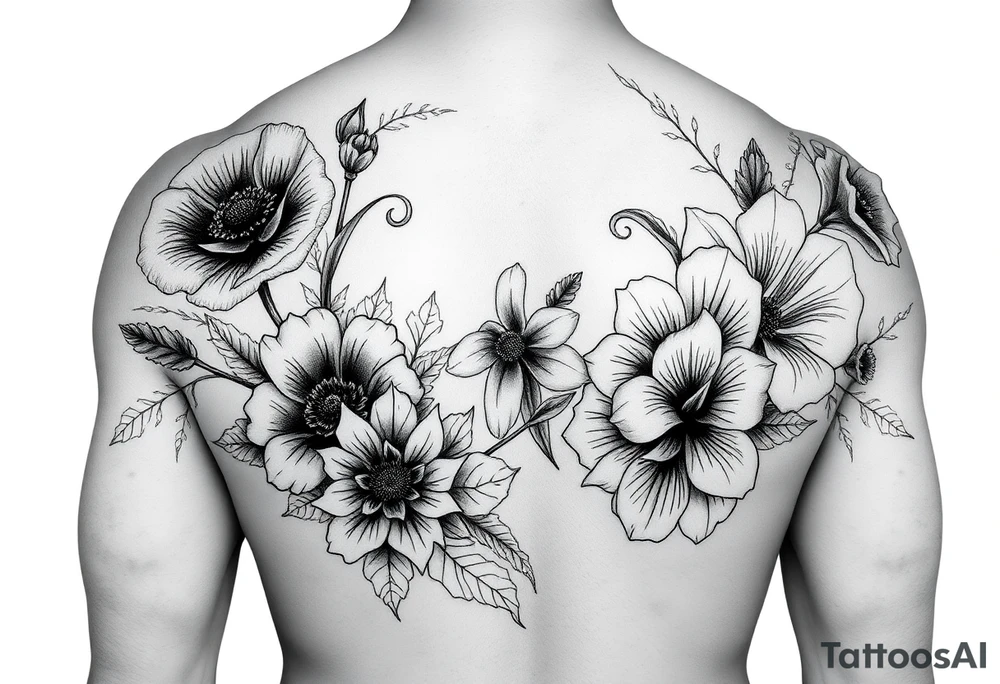 poppy, gladiolus, holly, narcissistic, poinsettia, daisy, and sweet pea sleeve tattoo tattoo idea