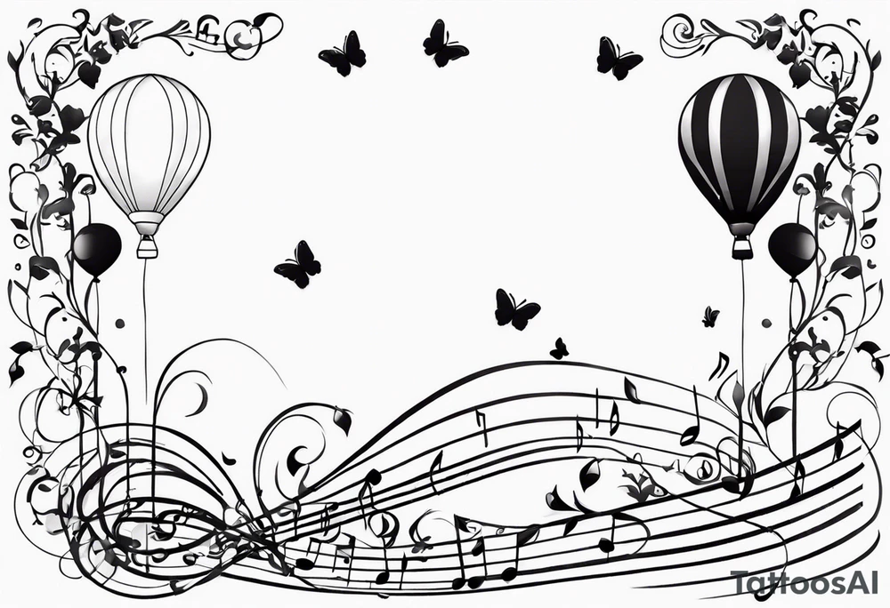music notes and butterflies with balloons tattoo idea