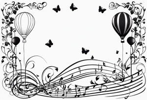 music notes and butterflies with balloons tattoo idea