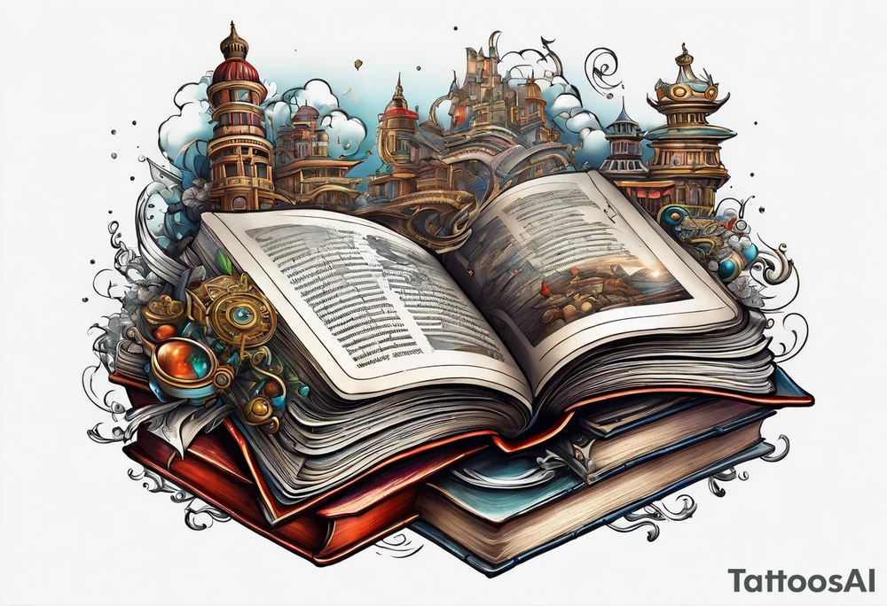 pile of open books no background tattoo idea