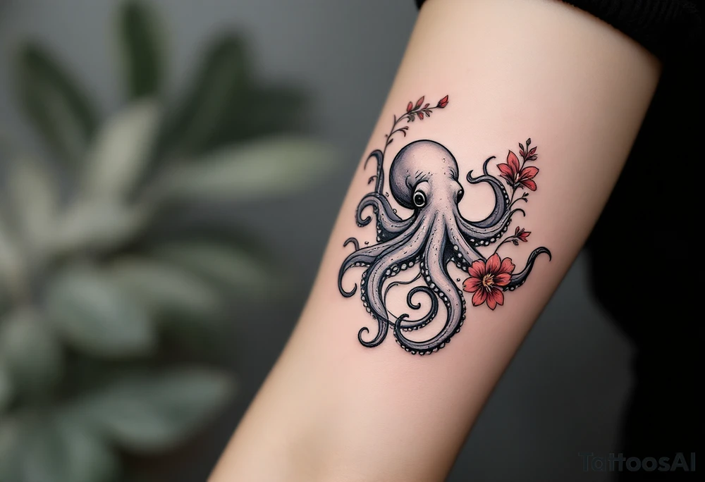 A small realistic black and grey tattoo of an octopus, cute, with detailed shading and soft linework, showing the octopus with swirling tentacles, on light skin. ornamental flowers around with red ink. The style is minimalistic and elegant, resembling fine-line tattoo with a shadow tattoo idea
