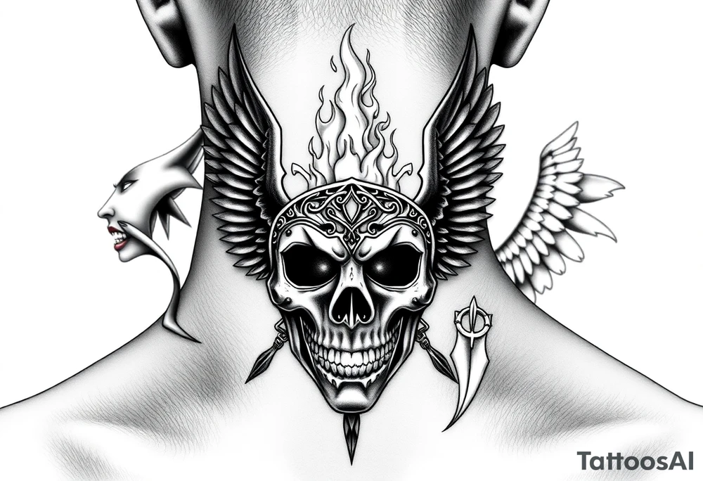 Realistic neck tattoo design. On one side, near one ear, a screaming demon facing inward. On the other side, near the other ear, a screaming angel facing the demon. Between them, in the center of the front neck, a cracked ancient mask with fire and light emerging from inside, symbolizing inner conflict and balance between good and evil. Highly detailed black and grey style, fine line shading, symmetrical, intense emotion, realistic texture. tattoo idea