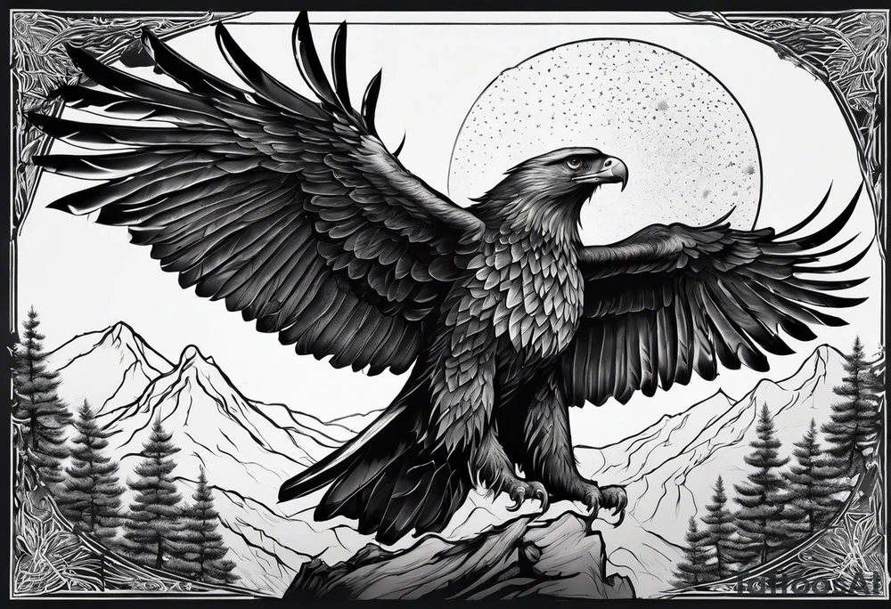 Full back tattoo ancient pine tree Forrest and giant black eagle tattoo idea
