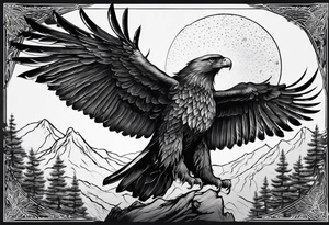 Full back tattoo ancient pine tree Forrest and giant black eagle tattoo idea