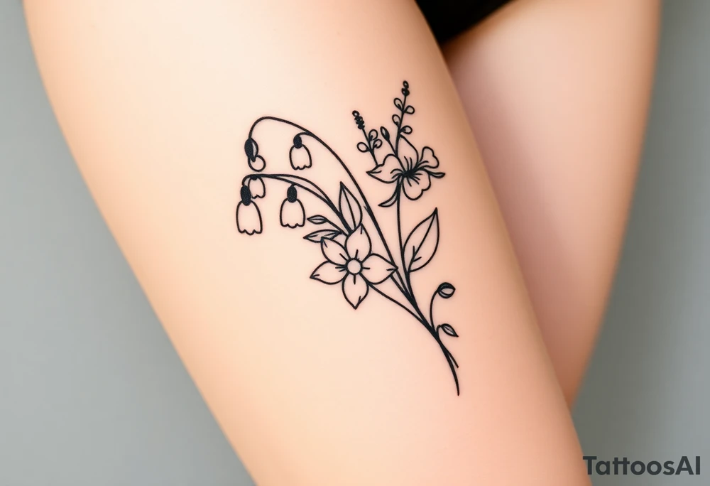 Simple small design in black bunch of flowers 1 lily of the valley 1 daffodil 1 holly 1 larkspur tattoo idea