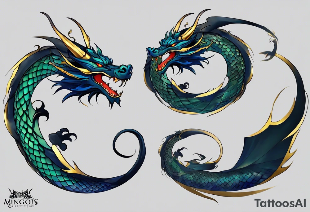 Anime Tattoo: An epic with no wings, floating. Its long body coiling dynamically, with scales and horns detailed to create a sense of movement and strength. The dragon's main color is midnight blue but features little accents in dark green and gold, giving a vibrant depth and a mystical aura. This tattoo highlights the dragon’s fierce expression and sharp claws as it wraps protectively around the leg. Style: Anime tattoo idea