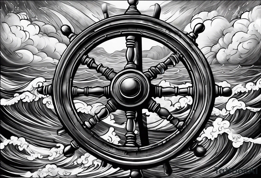 Old man turning ships wheel in a storm tattoo idea