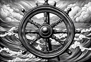Old man turning ships wheel in a storm tattoo idea