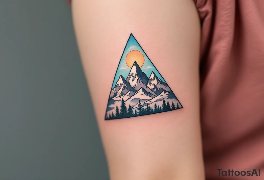 A triangle filled with mountains and shaded in charcoal and sky blue, symbolizing adventure and strength. tattoo idea
