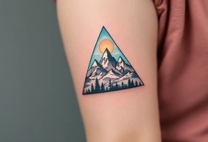 A triangle filled with mountains and shaded in charcoal and sky blue, symbolizing adventure and strength. tattoo idea