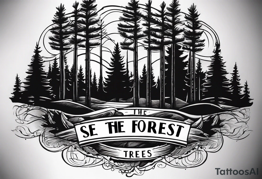 Tattoo with the words "see the forest for the trees" in any style font, around a tree in any way. black and white, tattoo, simple, elegant, pine tree, fine-line tattoo idea