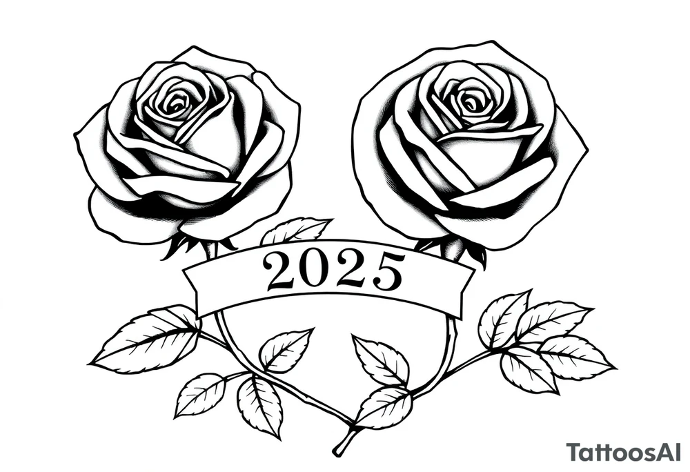 two beautiful large rose buds, one larger than the other, with many leaves next to the rose buds, with one sitting higher than the other. Include a banner connecting the two roses with the year 2025 on it.   Use dark outlines with little shading. The two stems should be short, not long, and connect and join into one stem, whimsically curved or twisted - not straight down. tattoo idea
