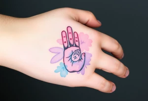 Two hand prints while a tiny handprint placed inside a larger one, shaded in watercolor pastels (light pink, baby blue, and soft lavender), representing growth and connection tattoo idea