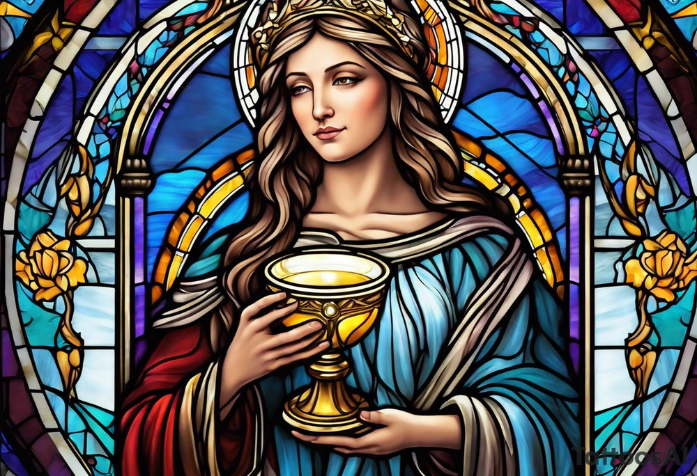 holy saint woman with halo stained glass holding a chalice tattoo idea