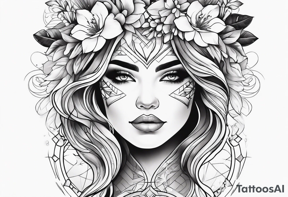 Powerful women’s face with flowers around tattoo idea