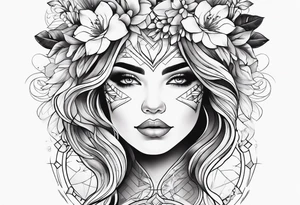 Powerful women’s face with flowers around tattoo idea