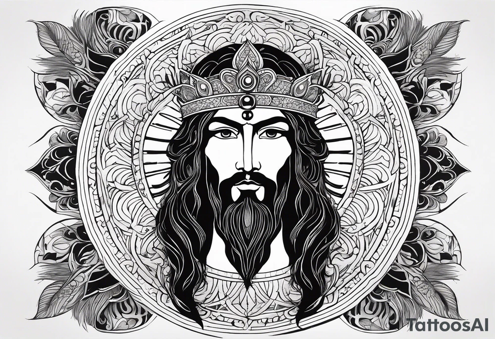 flat stern byzantine Christ with all-demanding eyes with a halo made of peacock feathers tattoo idea