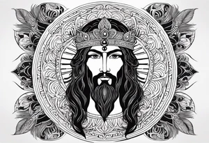 flat stern byzantine Christ with all-demanding eyes with a halo made of peacock feathers tattoo idea