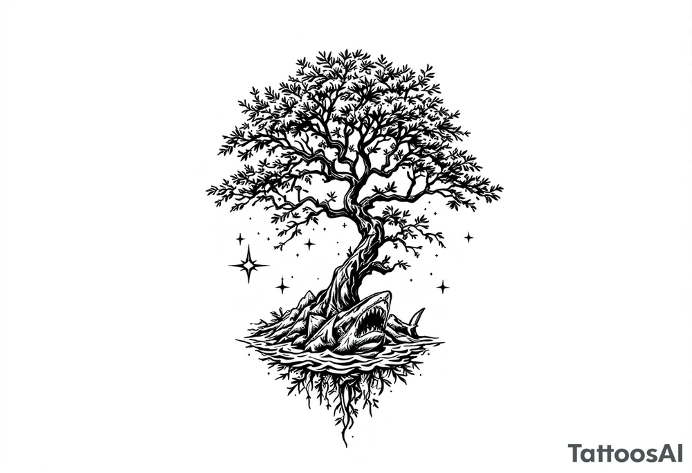 tattoo that has an acacia tree with mountains, ocean with a ship wreck with sharks and the northern star tattoo idea