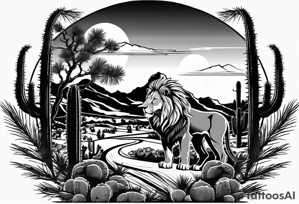 Sleeve tattoo
With 
Arizona flag 
Lion
Street glide Harley motorcycle  handlebars looking at a winding rode with pine trees on one side
And cactus on the other 
Winding rode with cactus on one side and pine trees on the other 
Mountain 
Vanitas tattoo idea