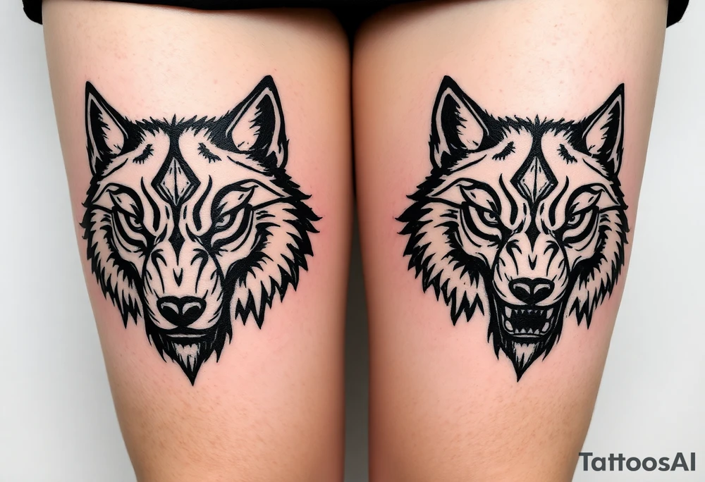Side by side black wolf face and white wolf face tattoo idea