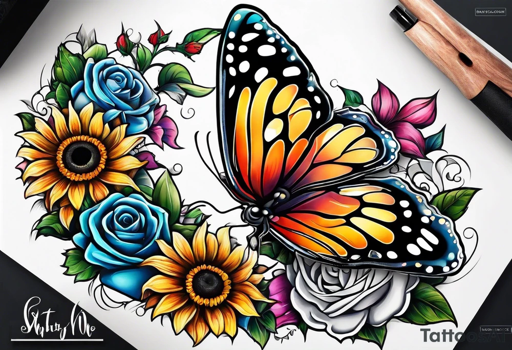 animal butterfly , flower rose, sunflower, tattoo idea