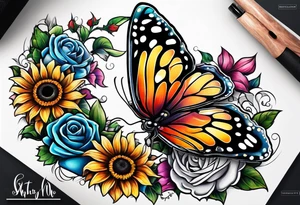 animal butterfly , flower rose, sunflower, tattoo idea